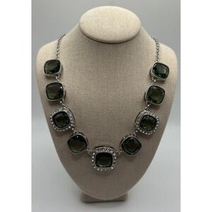 Vintage Crown Trifari Silver Tone & Green Faceted Glass Rhinestone Necklace
